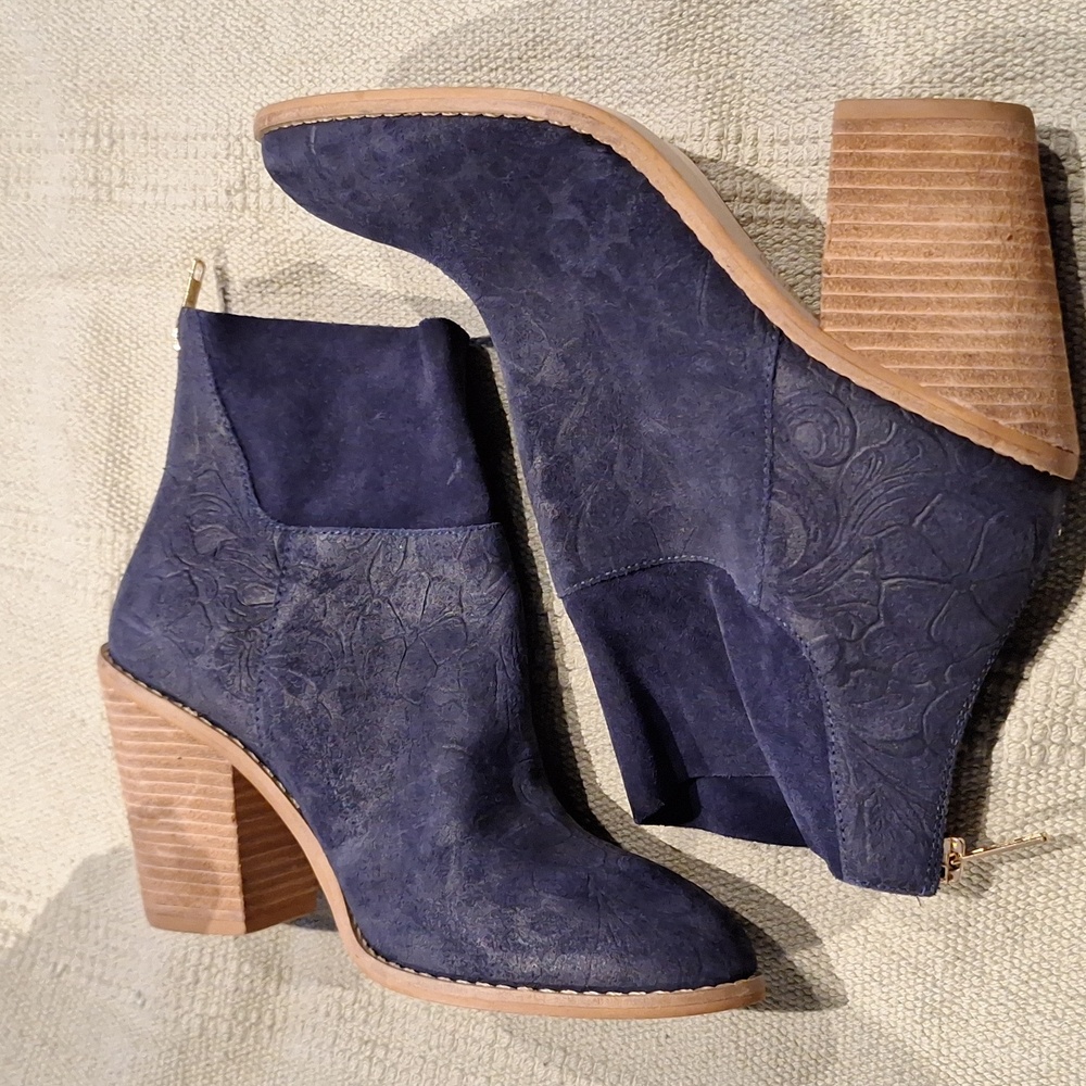 Anthropologie blue Embossed suede ankle booties